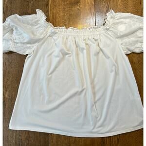New! Anthropologie One September Top Off White Embroidered Puff Sleeve Sz XL